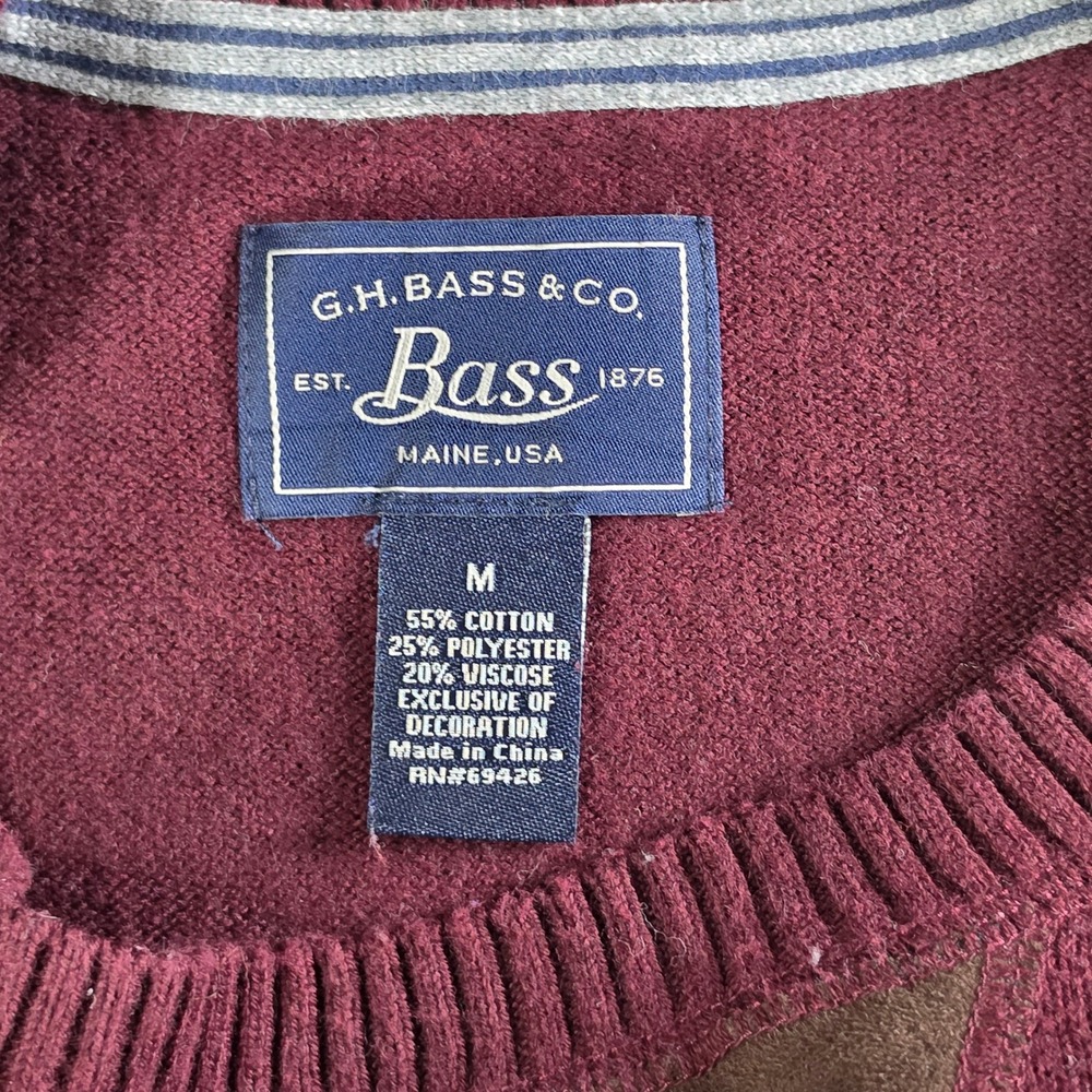 G.H. Bass & Co. Sweater Mens Medium Burgundy Crewneck Cotton Blend Faux Suede V - Picture 3 of 16